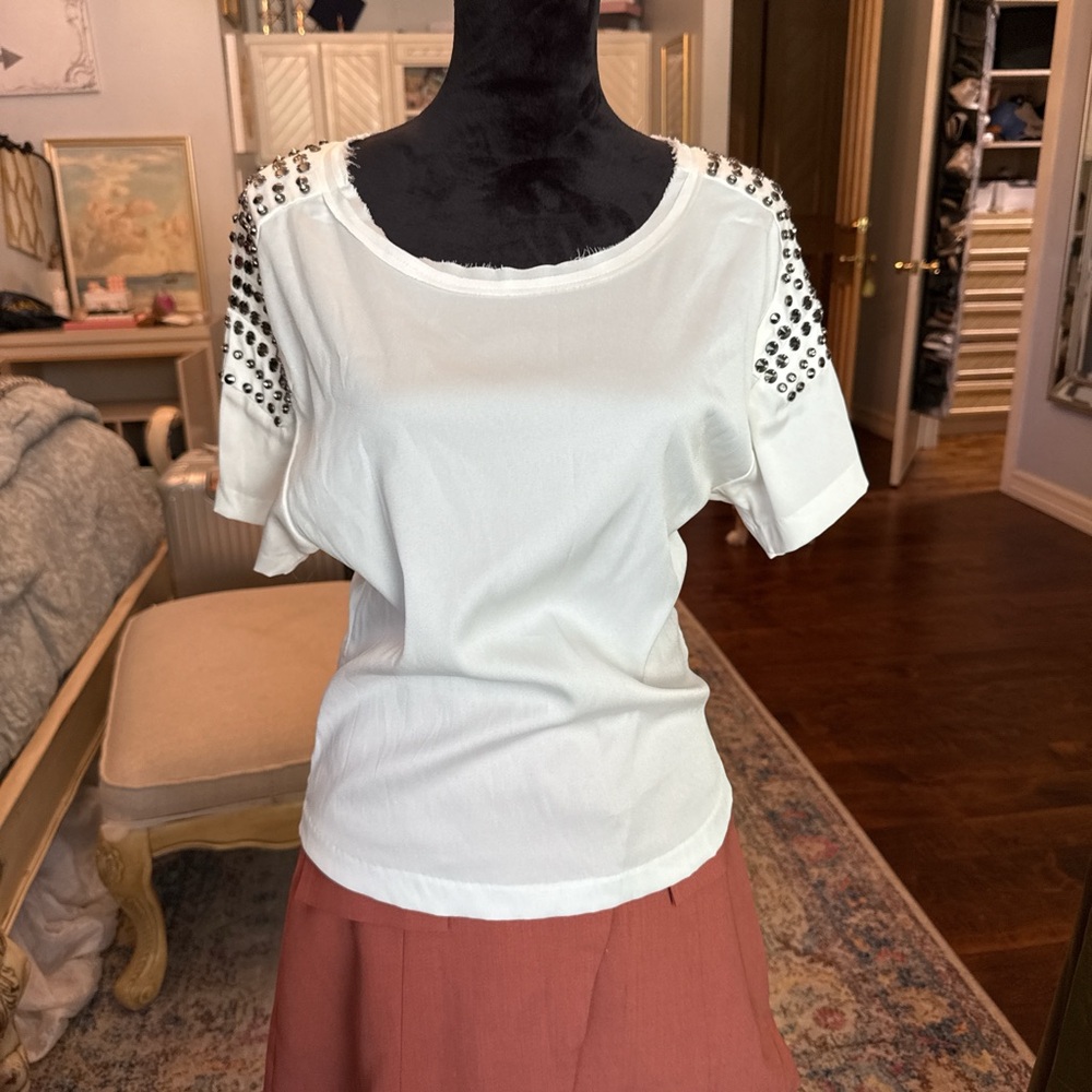 White Short Sleeve Top with Studded Shoulder Detail